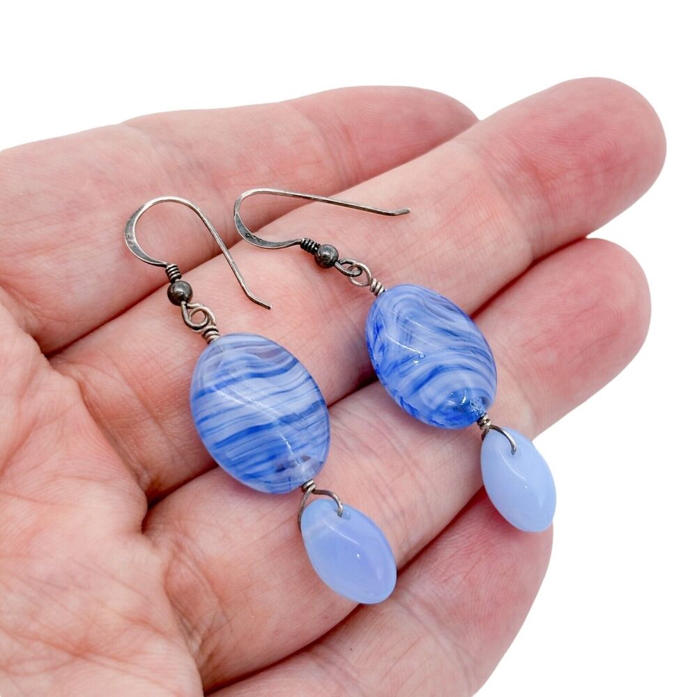Estate Sterling Silver 925 Blue Swirled Glass Dangle Earrings